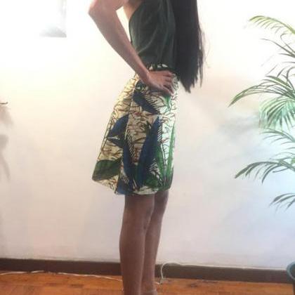 Green Blue Floral African Print Skirt Knee Lenght..