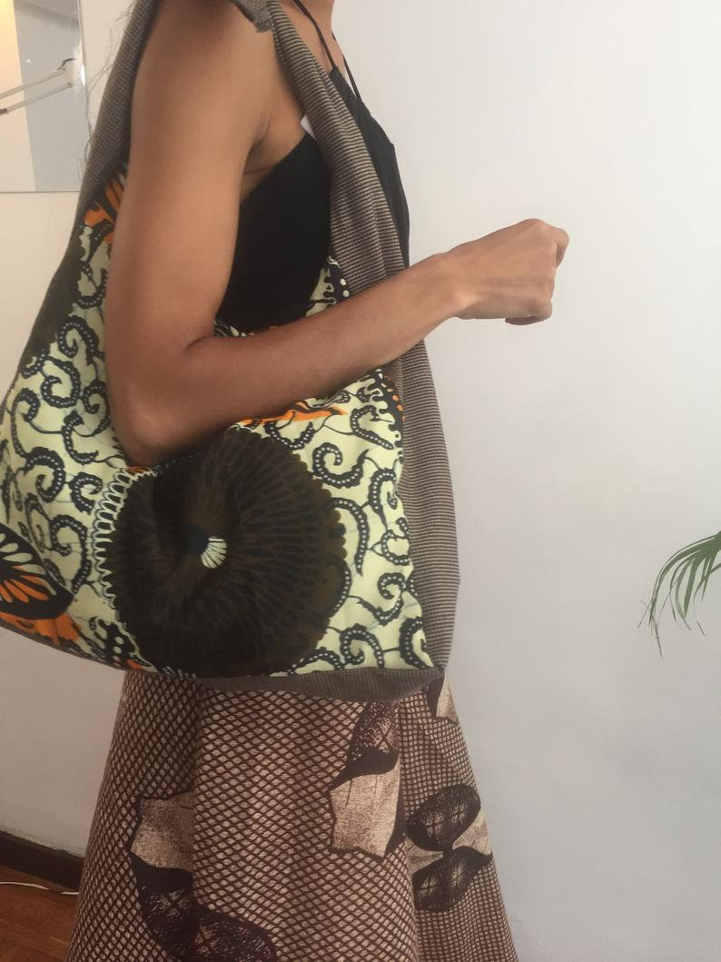 Halle Brown Beige Dashiki Ankara African Fabric Linned Women Shoulder Bag Worldwide Worldwide