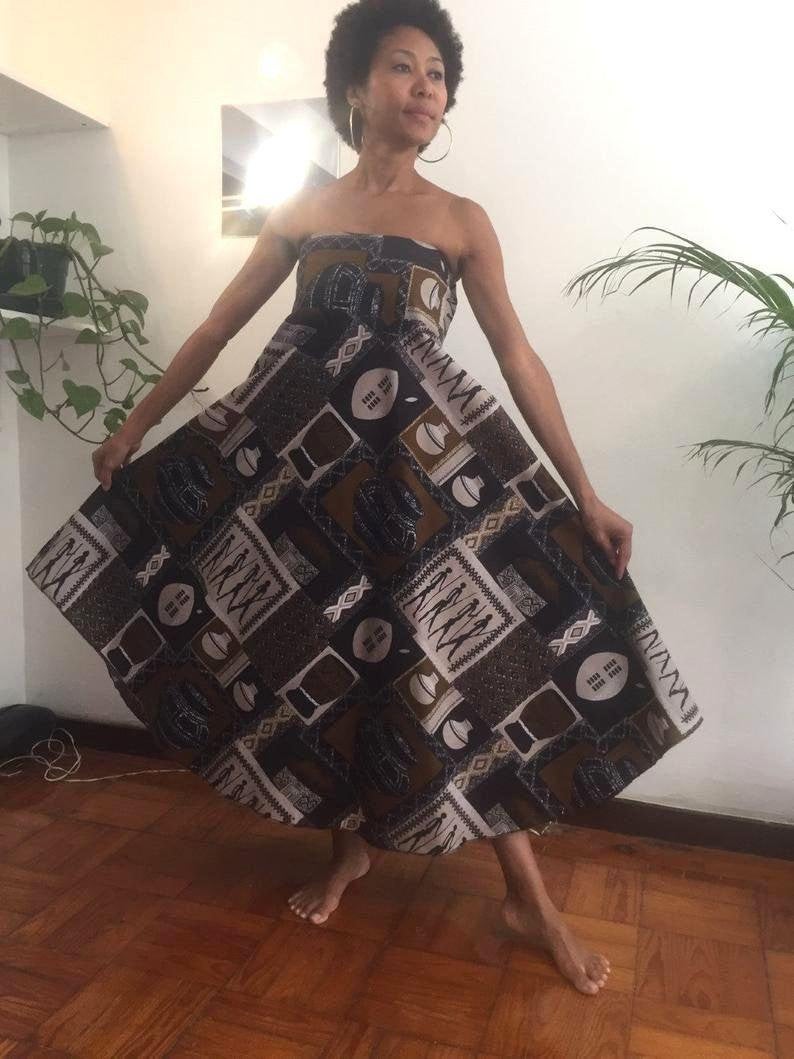 Princess Shaka Worldwide shipping Brown Printed Strapless Dashiki dress Costumisable Worldwide Free Shipping