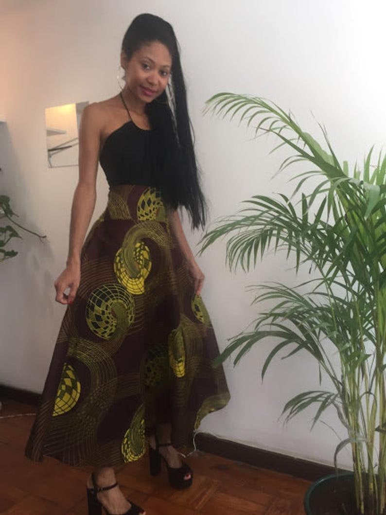 Odetta Size M Brown Skirt Ankle lenght Pollyblends Summer dashiki african Geometric print designer Worldwide shipping