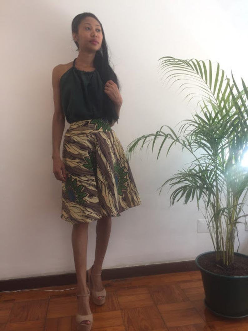 Cyndi Size M Green Floral Print Skirt Knee Lenght Pollyblends Summer Dashiki African Designer Worldwide Worldwide