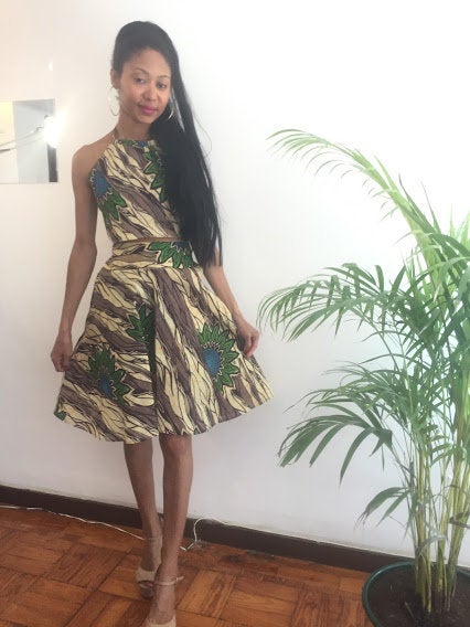 Dionne Size M 2pieces Set Skirt And Top Green Landscape Print Knee Lenght Pollyblends Summer Dashiki Designer Worldwide