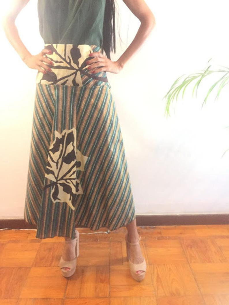 Billie Size L Green Floral Print Skirt Ankle Lenght Pollyblends Summer Dashiki Designer Worldwide Worldwide