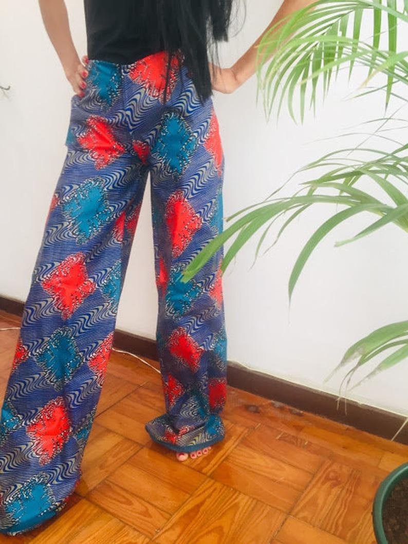Namibia Size L Blue Red Abstract Psicadellic Pollyblends Dashiki African Abstract Print Designer Pants Worldwide