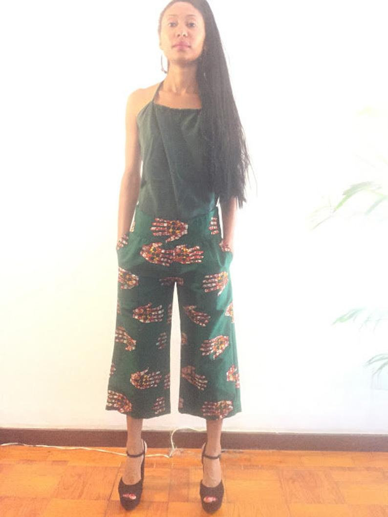 Avery Size M Green African Multicolor Hand print holiday dashiki vintage crop pants Worldwide shipping Worldwide Free Shipping