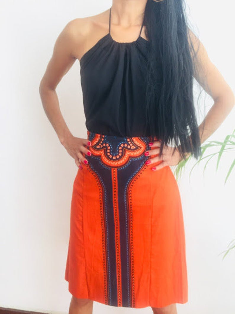 Sheryl Size M Skirt Personalized Orange Above Knee Lenght Cotton Printed Designer Worldwide Worldwide