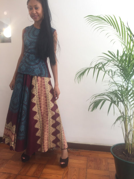 Grace 2 Pieces Set Burgundy Size M Skirt Kalf Lenght Cotton And Blouse Dashiki African Geometric Print Designer Worldwide