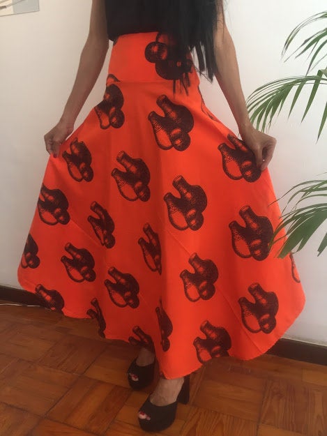 Kelly Size M Orange Skirt Ankle Lenght Pollyblends Summer Dashiki African Geometric Print Designer Worldwide
