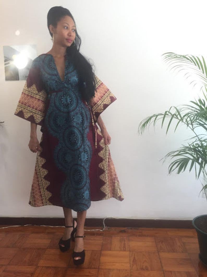 Lauren Kaftan Dress Blue Geometric Print Kalf Lenght Cotton Dashiki Designer Worldwide Worldwide