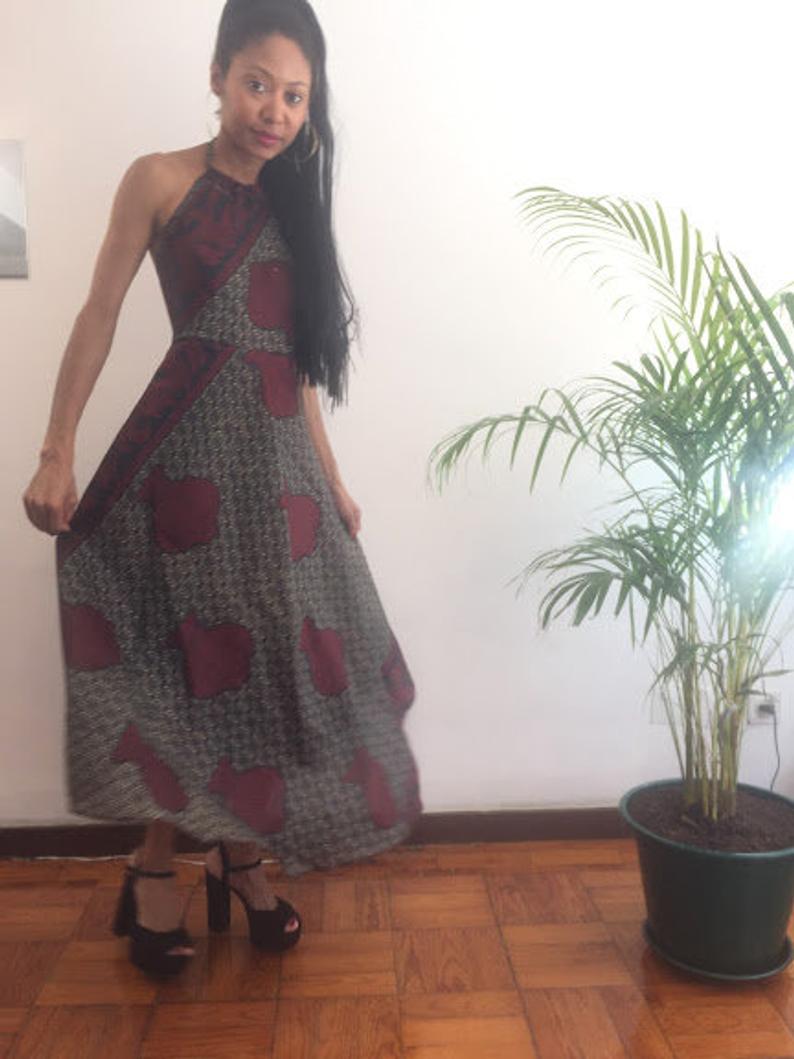 Bobamgui - Gorgeous Costumisable Dashiki African Tunic Geometric Print Kalf Lenght Backless Dress