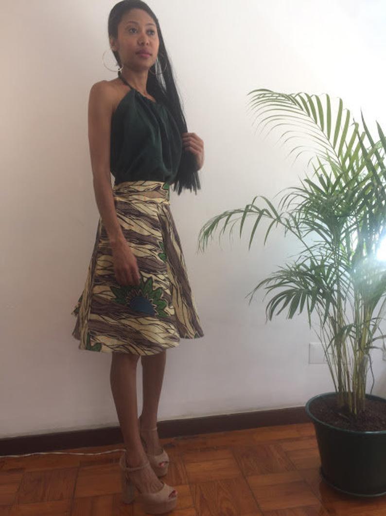 Green Floral Print Skirt Knee Lenght Pollyblends Summer Dashiki African Designer Worldwide Shipping