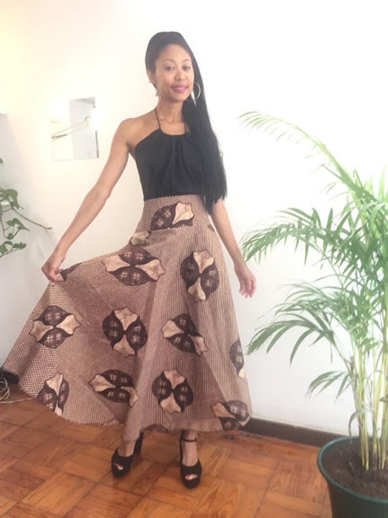 Chad - Brown Skirt Ankle Lenght Pollyblends Summer Dashiki African Geometric Print Designer Worldwide