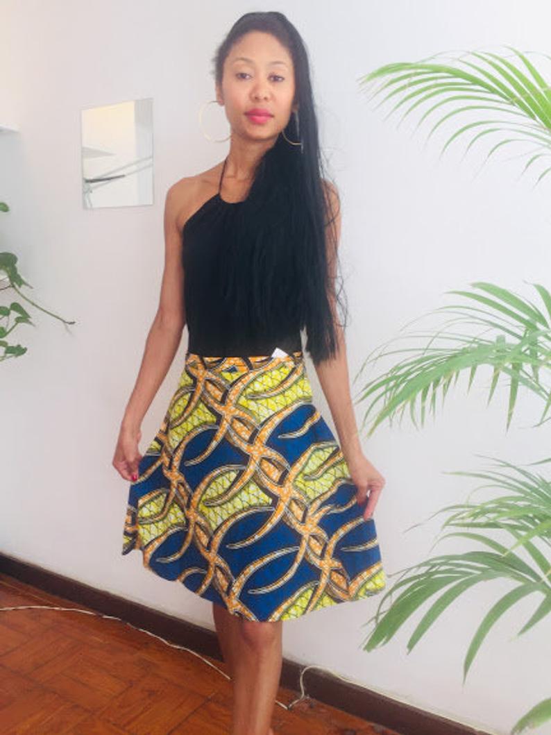 Botswana - Size M Skirt Personalized Blue Knee Lenght Cotton Printed Designer Worldwide