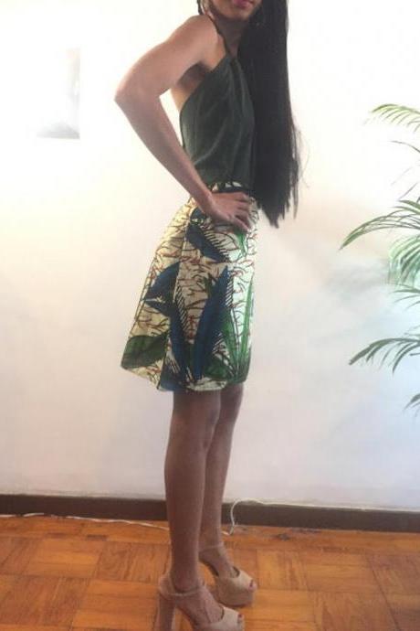 Green Blue Floral African Print Skirt Knee Lenght Cotton Dashiki Designer Worldwide