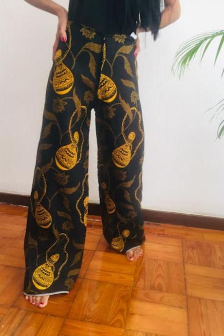 Black Yellow Pollyblends Summer Dashiki African Abstract Print Designer Pants Worldwide