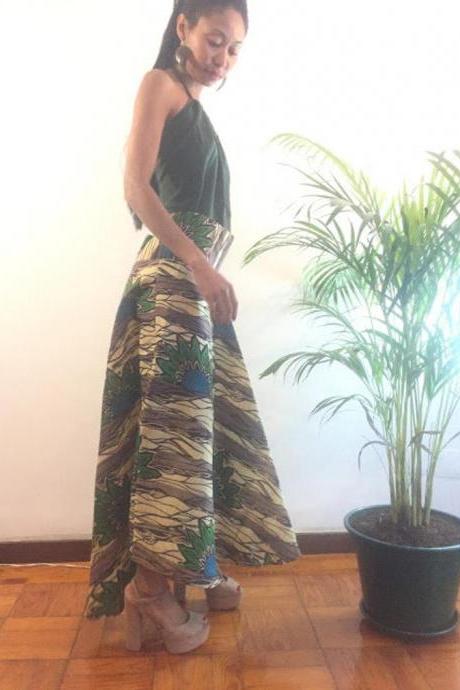 Green Abstract Landscape African Print Skirt Knee Lenght Pollyblends Summer Dashiki Designer Worldwide