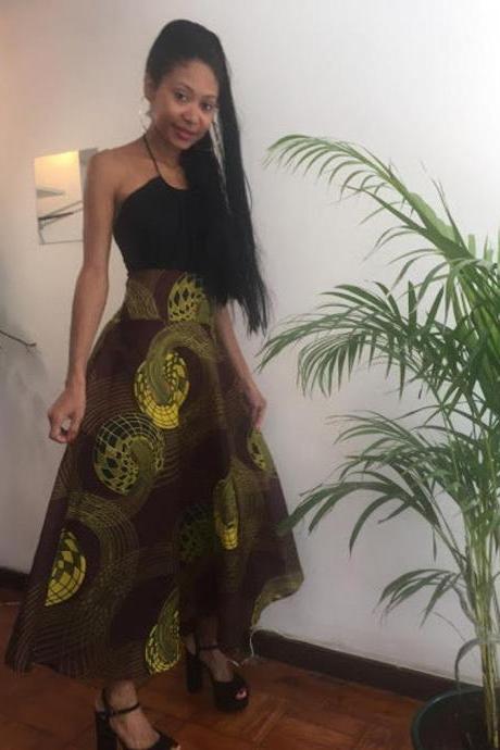 Odetta Size M Brown Skirt Ankle Lenght Pollyblends Summer Dashiki African Geometric Print Designer Worldwide