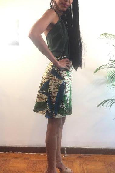 Kate Size L Green Blue Floral african print Skirt Knee lenght Cotton dashiki designer Worldwide shipping Worldwide Free Shipping