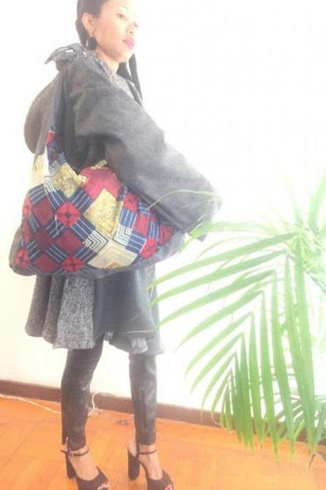 Brigitte Blue Red Big Dashiki Ankara African Fabric Linned Women Shoulder Bag Worldwide Worldwide