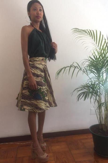 Green Floral Print Skirt Knee Lenght Pollyblends Summer Dashiki African Designer Worldwide