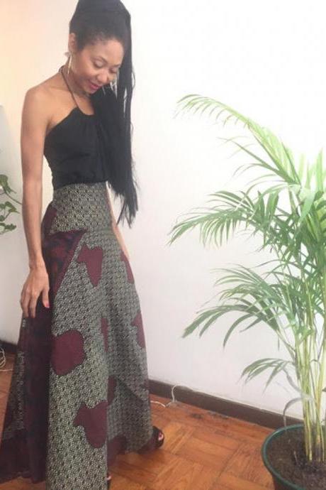 Gabon - Burgundy Skirt Ankle Lenght Pollyblends Summer Dashiki African Geometric Print Designer Worldwide