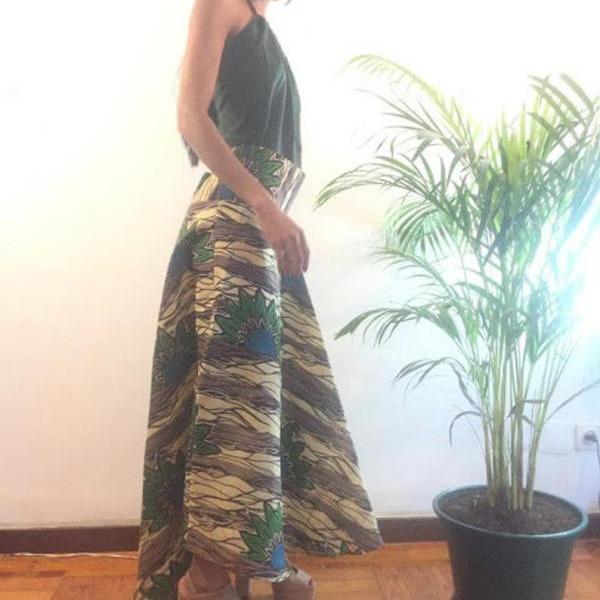 Tina Size L Green Abstract Landscape african print Skirt Knee lenght Pollyblends Summer dashiki designer Worldwide shipping